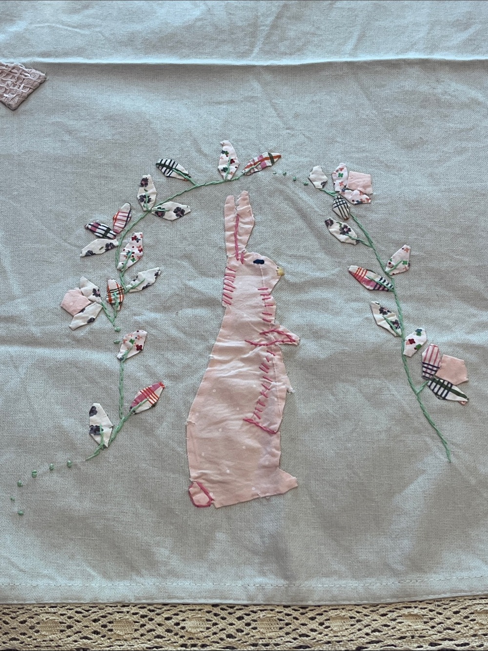Vintage Easter Bunny Embroidered Linen Towel Cottagecore Decor